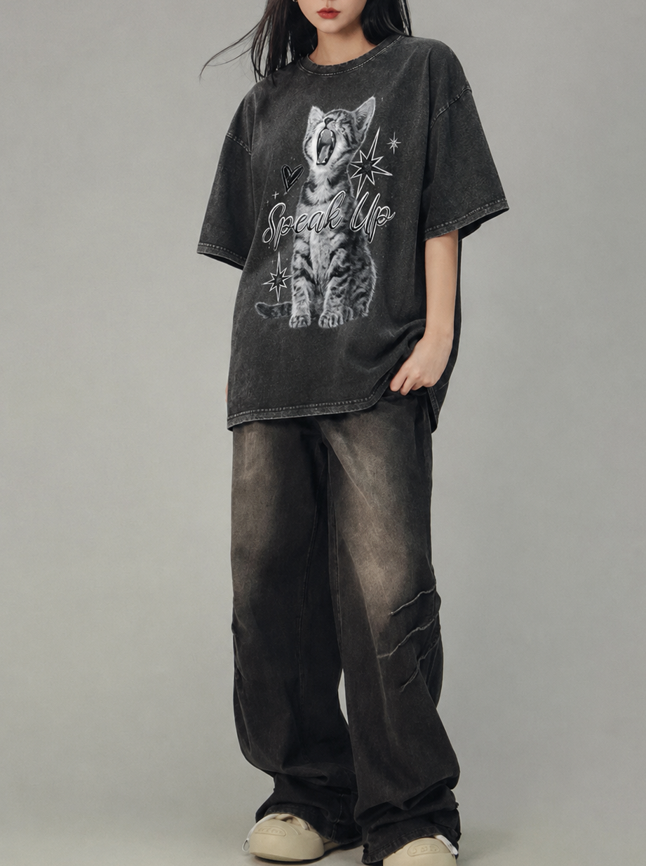 Speak Up kitten – Vintage Washed Oversized Tee